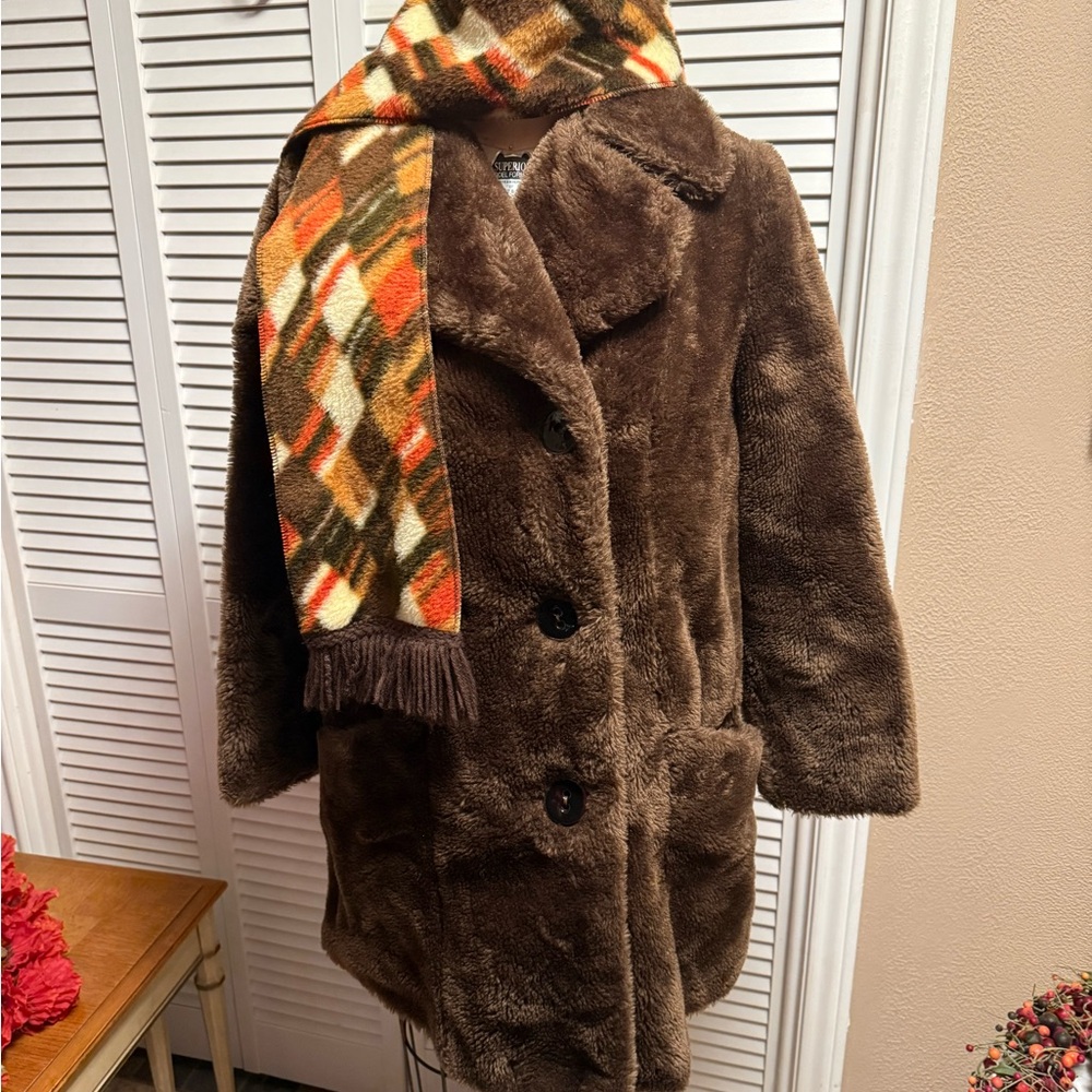 60s VTG Sears Fashions Mouton (Sheep) Fur Coat BoHo patterned Lining & Scarf MCM